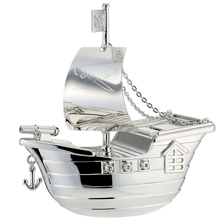 Silver Plated Pirate Ship Boat Christening Money Box