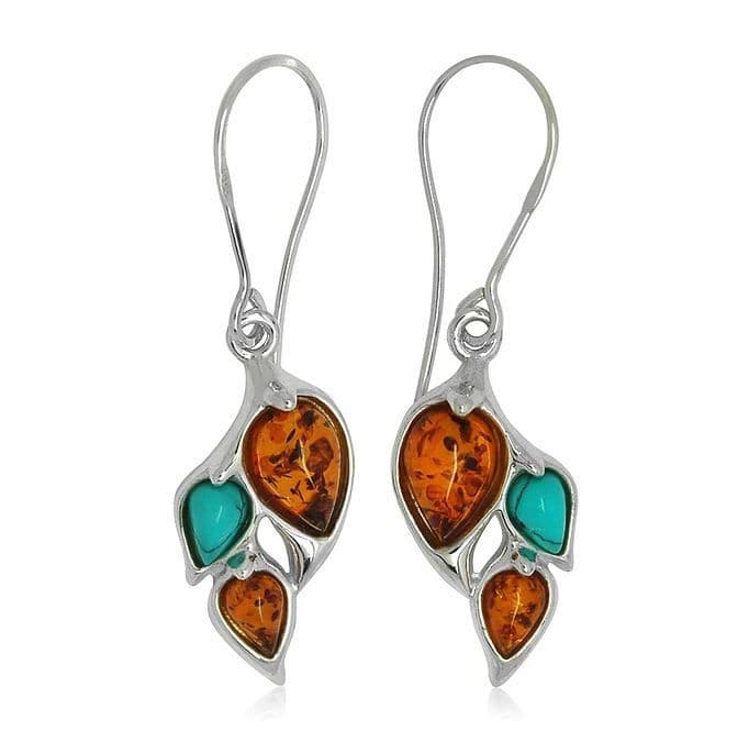 Silver Turquoise And Amber Drop Earrings