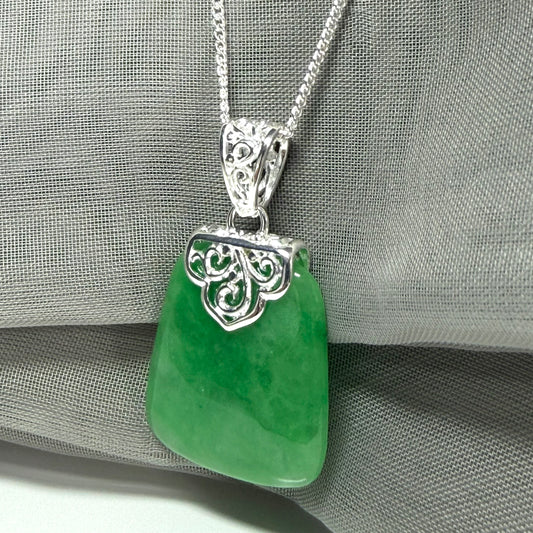 Sterling Silver Cushion Shaped Real Green Jade Necklace Pendant