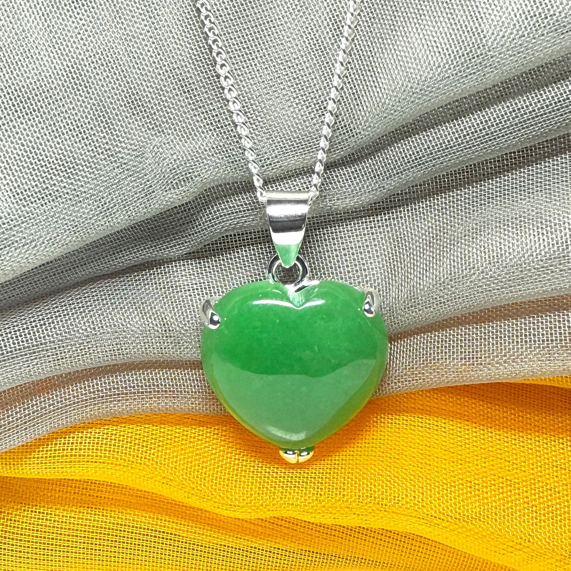 Silver Green Jade Necklace Heart Shaped