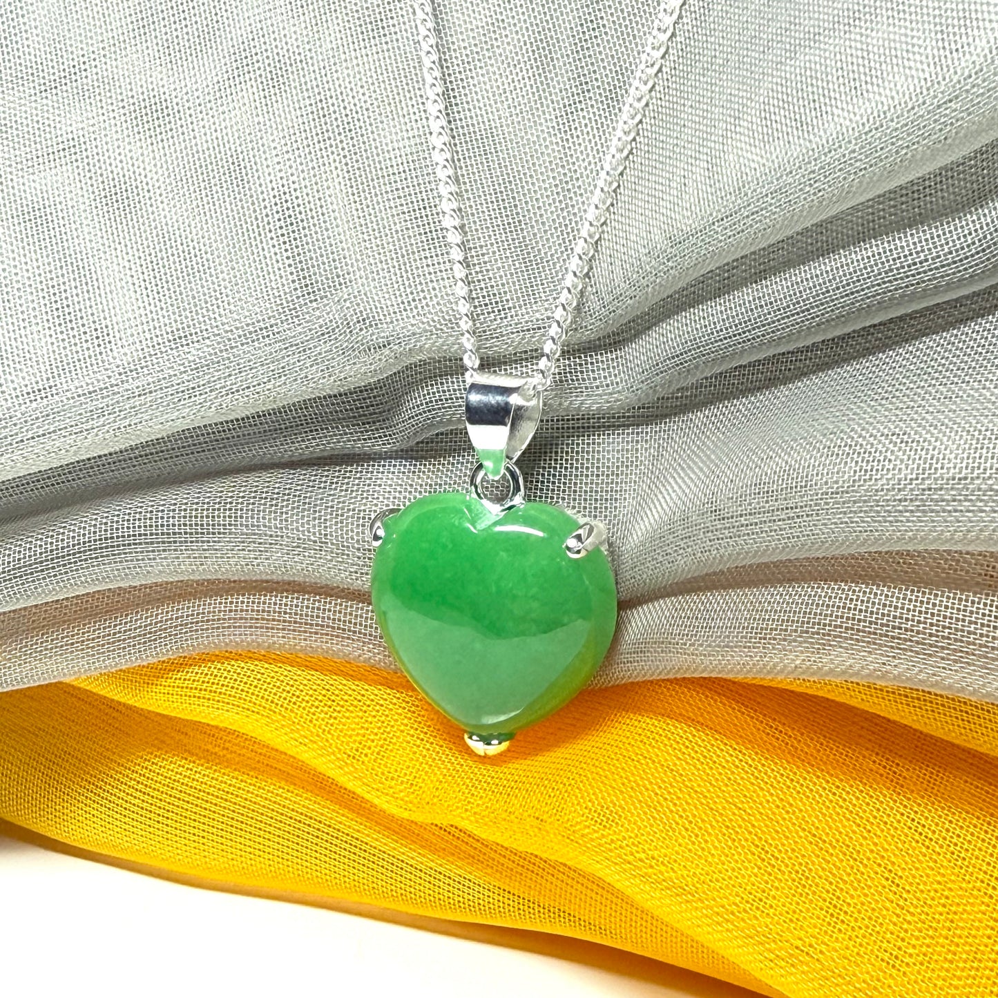 Silver Green Jade Necklace Heart Shaped