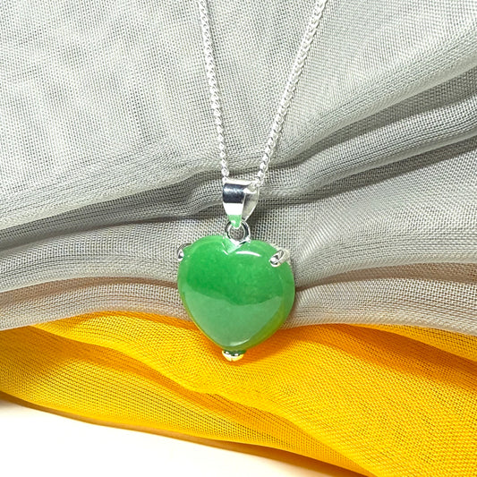 Silver Green Jade Necklace Heart Shaped