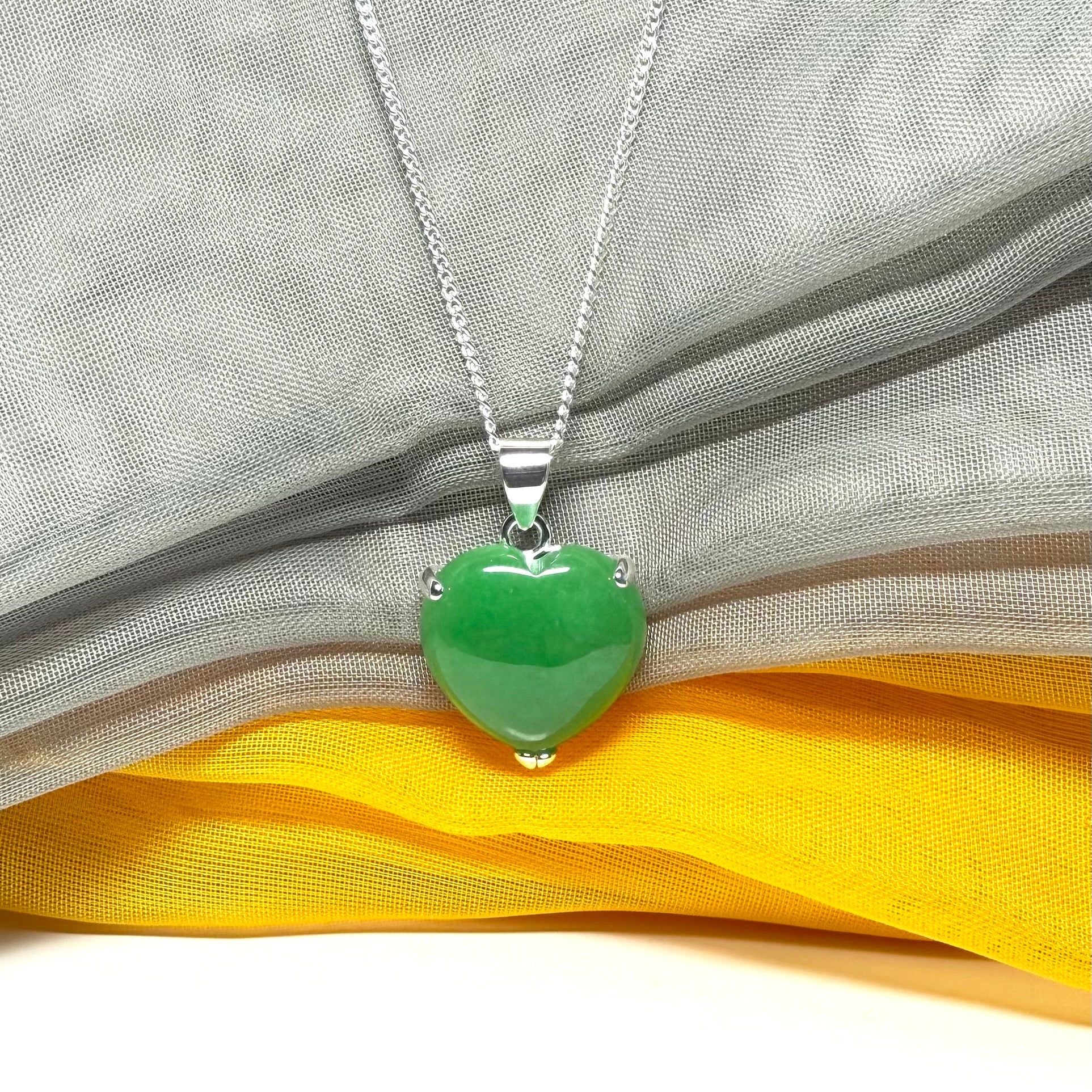 Silver Green Jade Necklace Heart Shaped