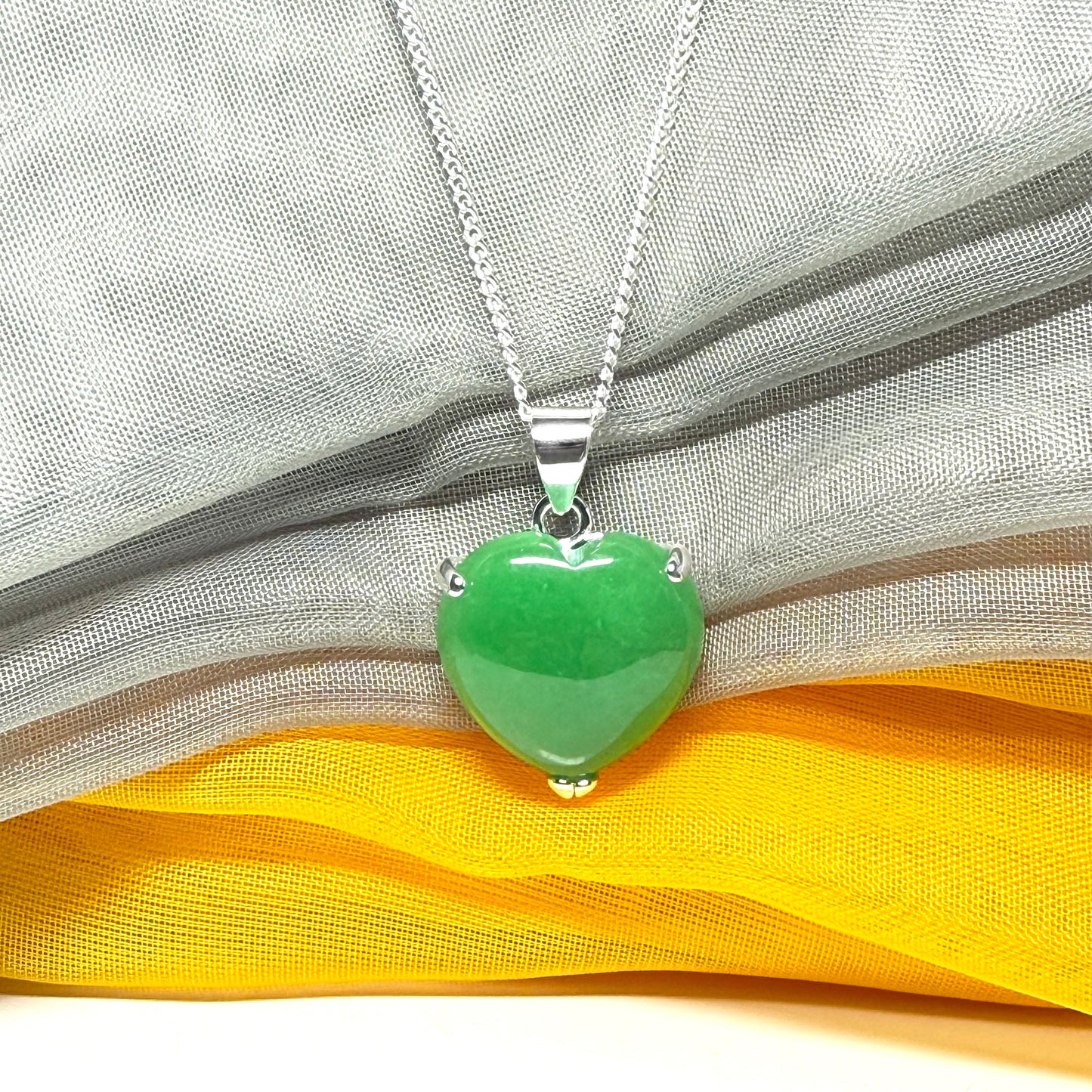 Silver Green Jade Necklace Heart Shaped