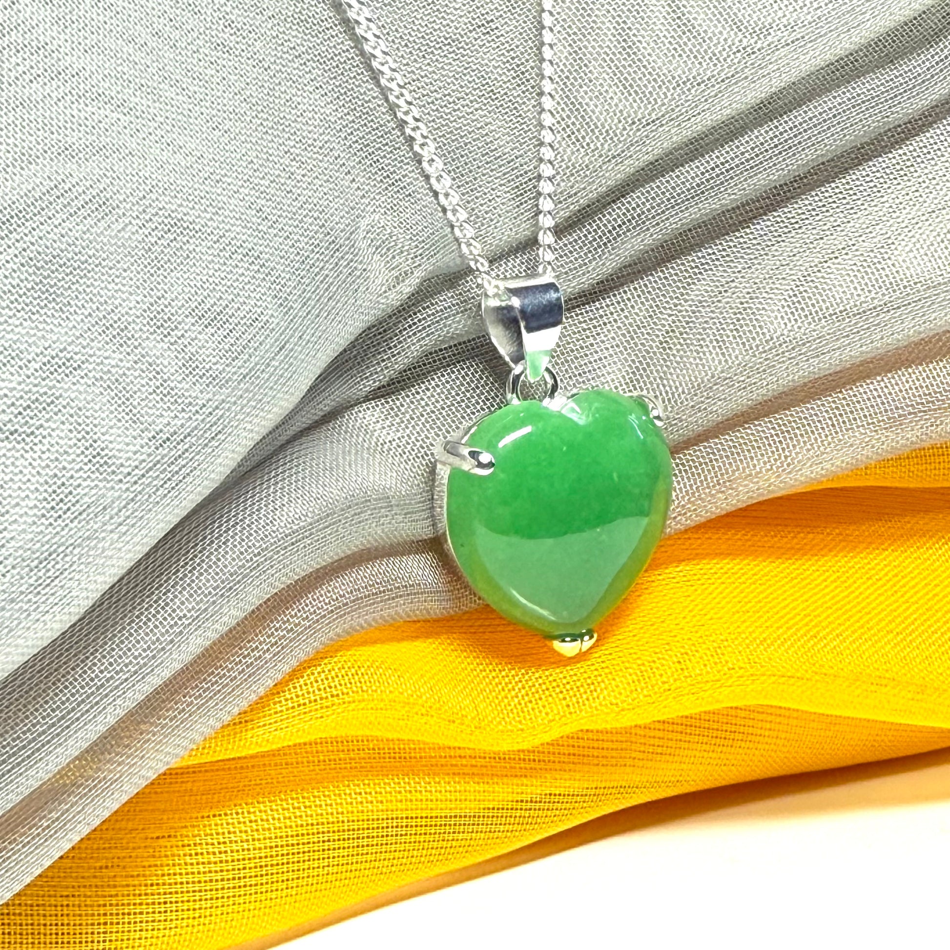 Silver Green Jade Necklace Heart Shaped
