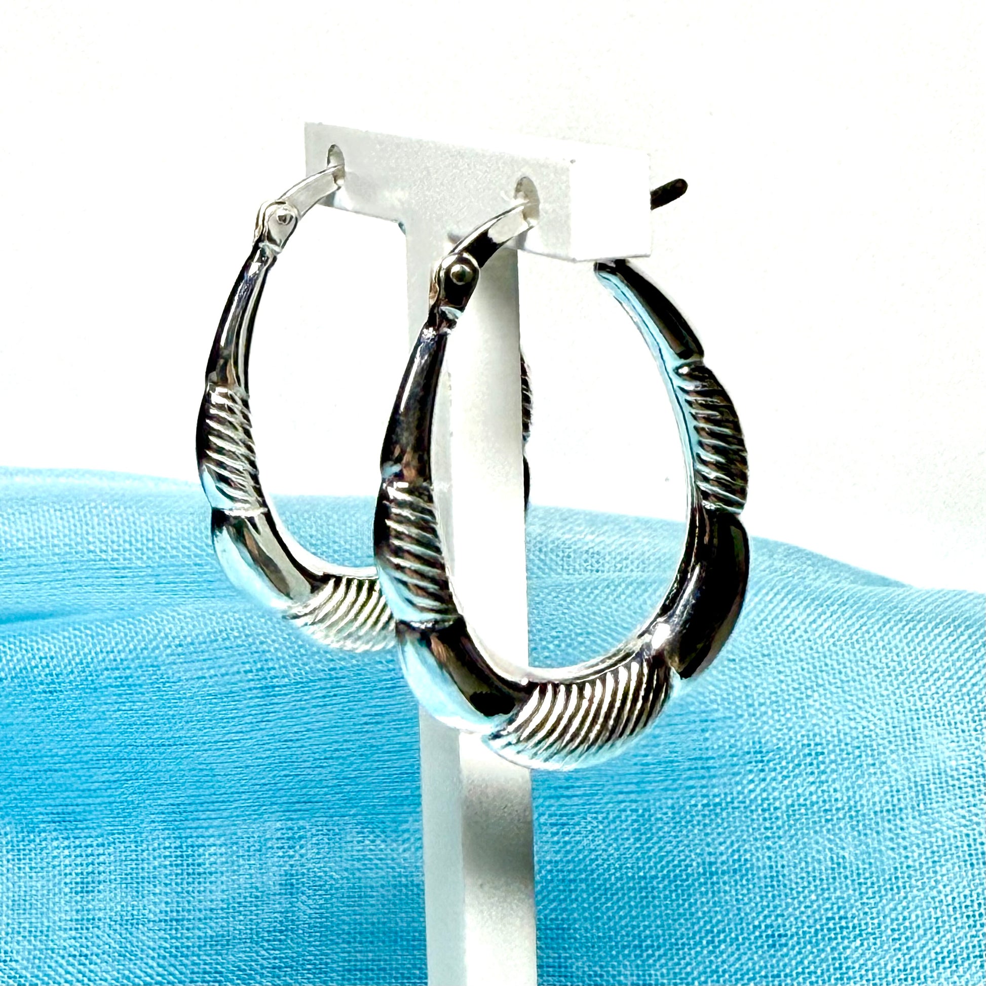 Sterling Silver Patterned Oval Hoop Creole Earrings