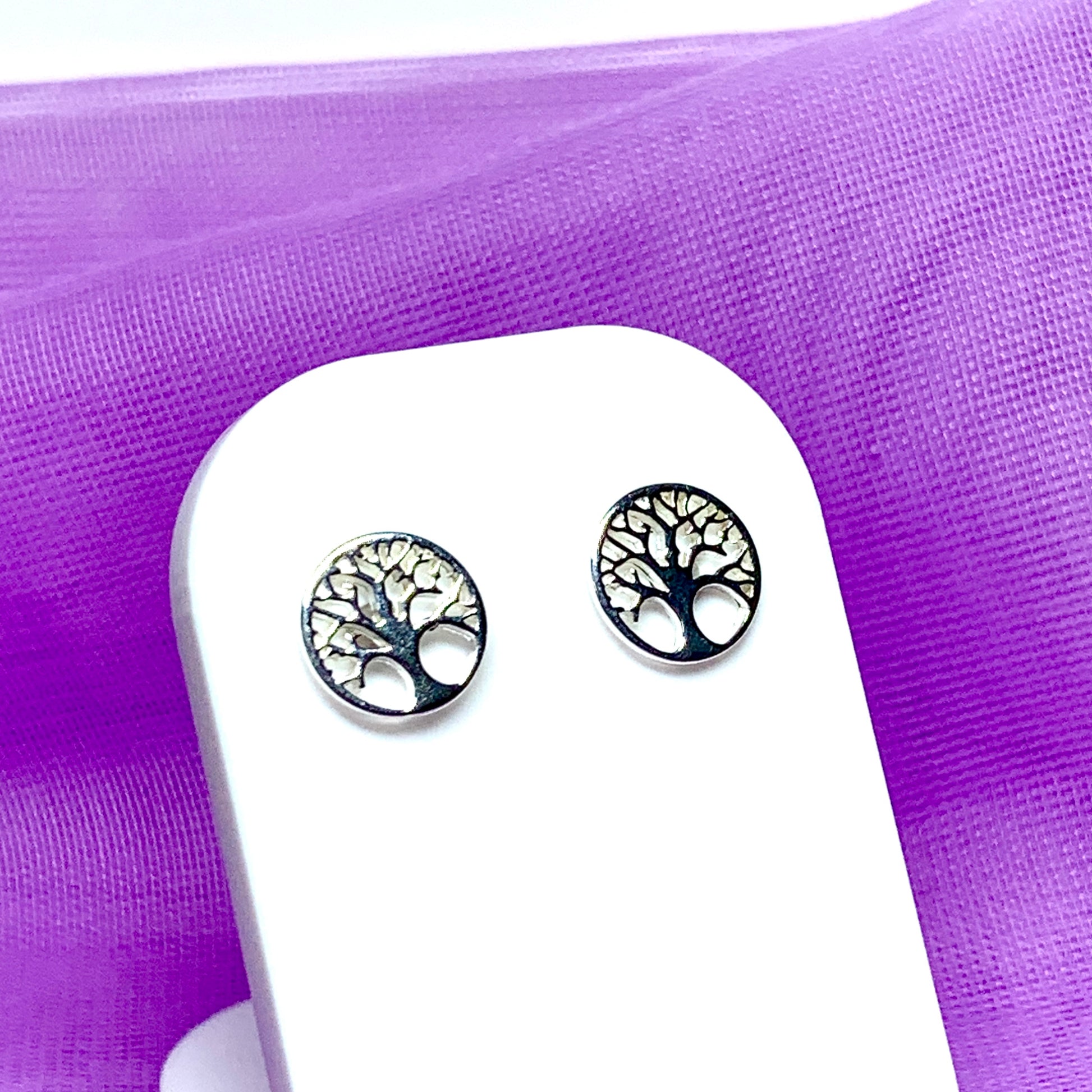 Sterling silver Tree of Life round stud earrings