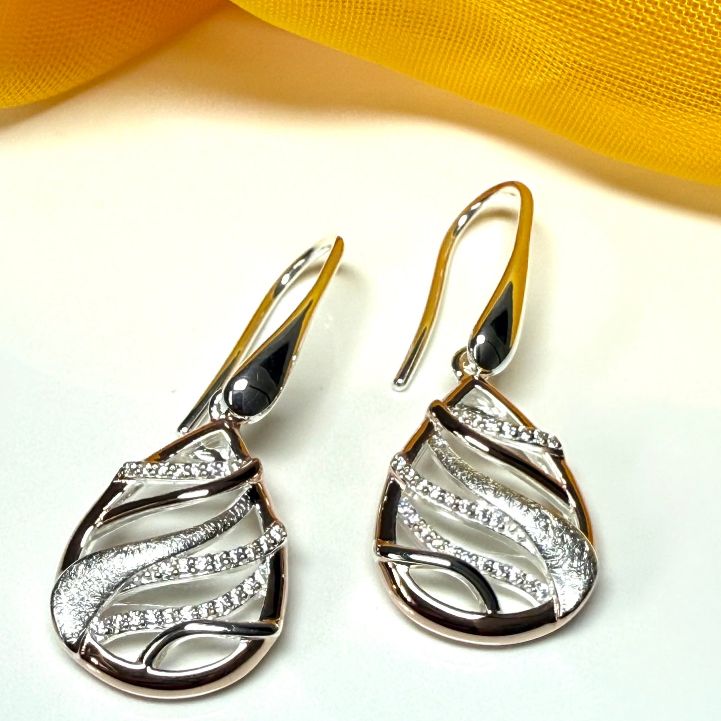Sterling silver gilt pear or teardrop shaped two tone rose gold drop earrings