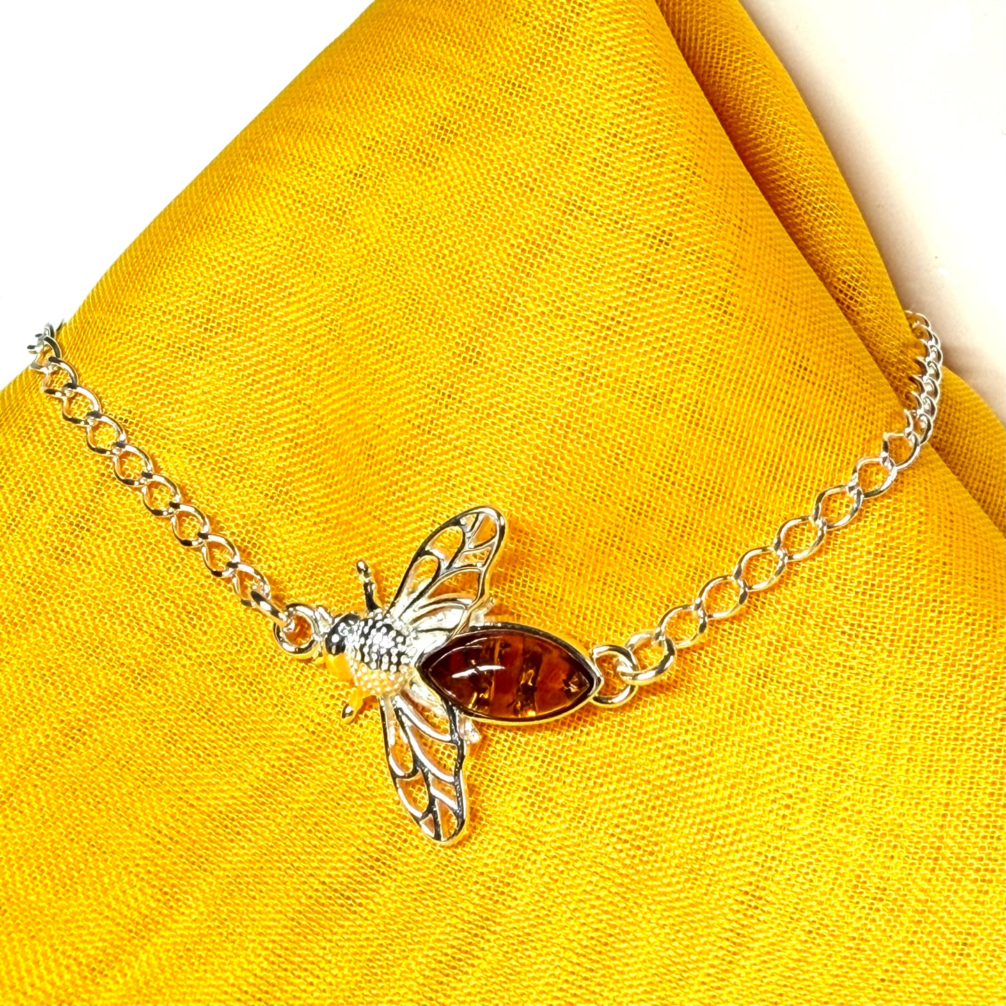 Sterling silver orange real amber bumble bee bracelet
