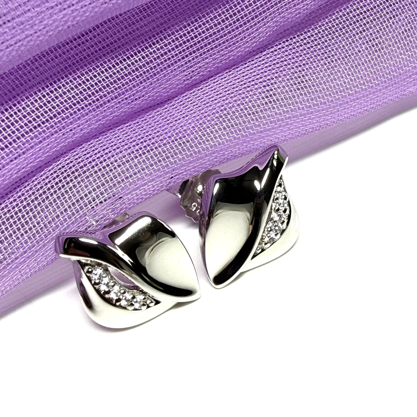Sterling silver stud earrings dropped swirl teardrop shaped cubic zirconia