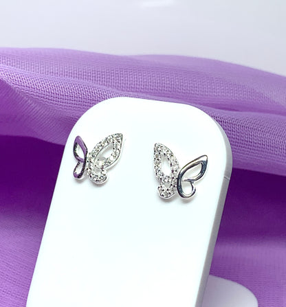 Sterling silver butterfly shaped cubic zirconia stud earrings