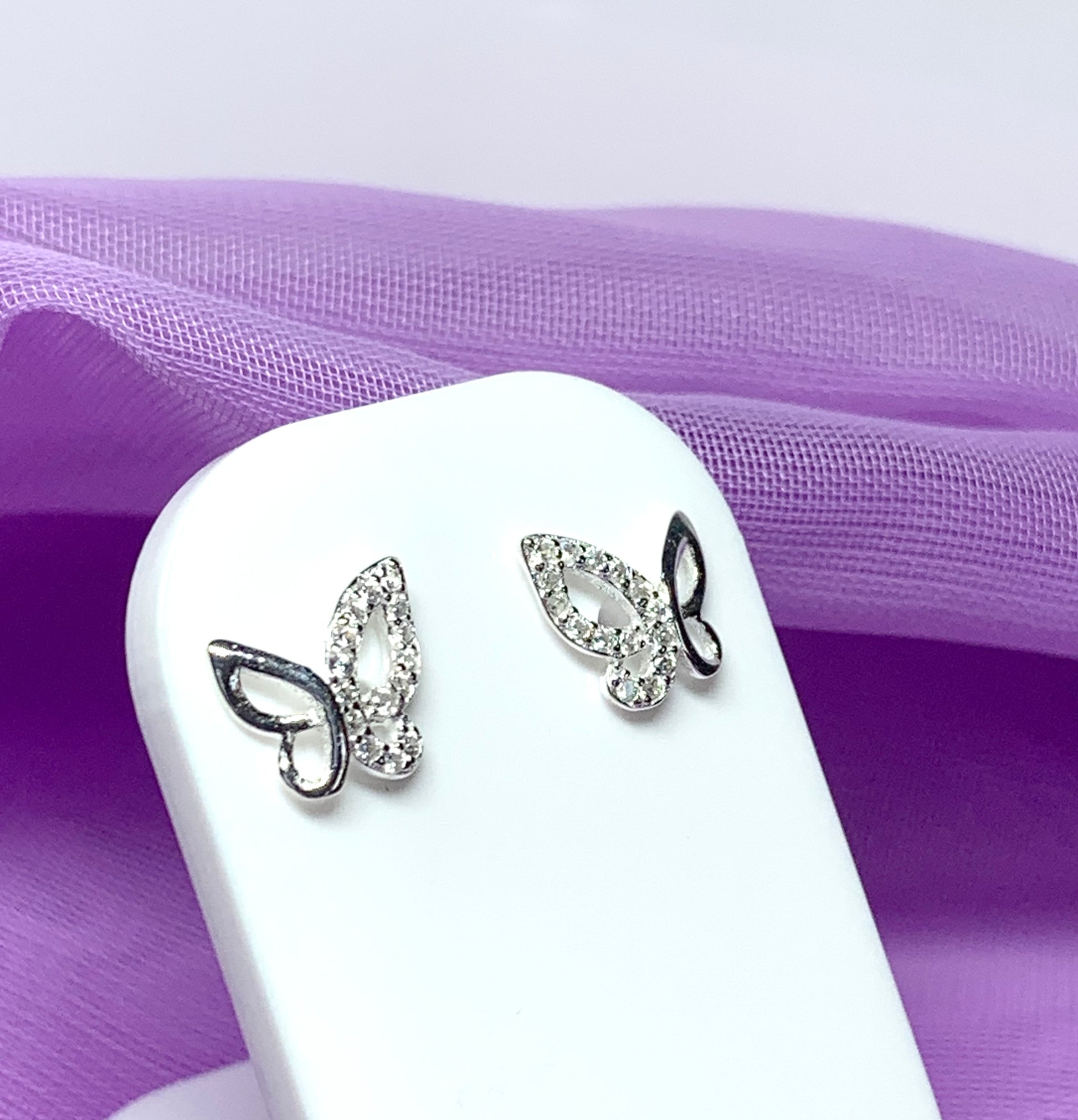 Sterling silver butterfly shaped cubic zirconia stud earrings