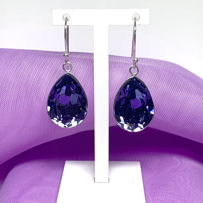 Large purple crystal drop earrings pear teardrop