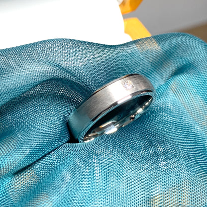 Silver men’s stone set satin finish wedding band ring