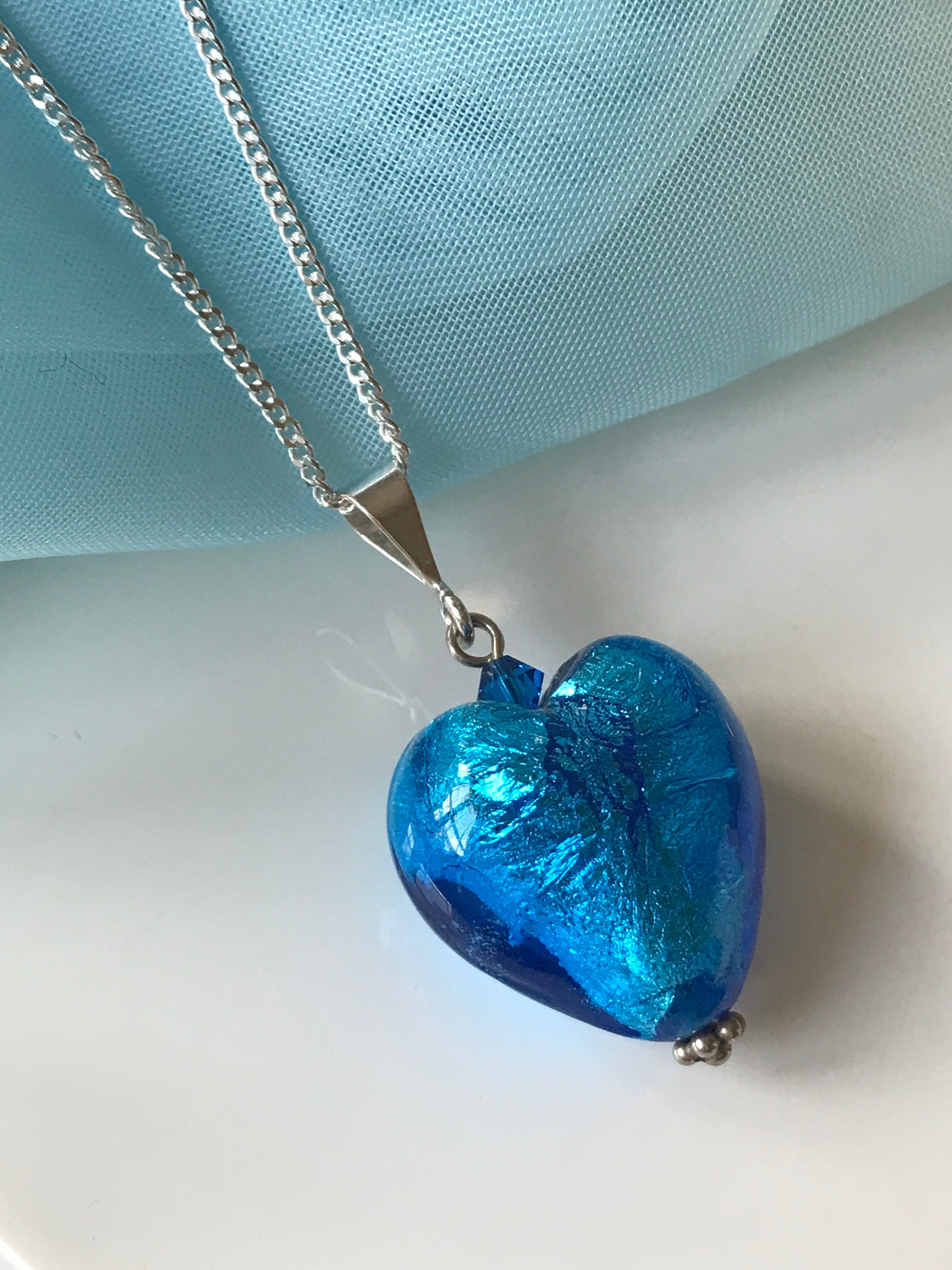 Real Murano glass heart drop necklace light blue pendant Sarah