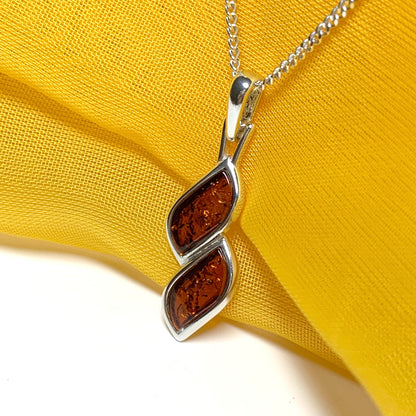 Sterling silver real amber double marquise shaped necklace