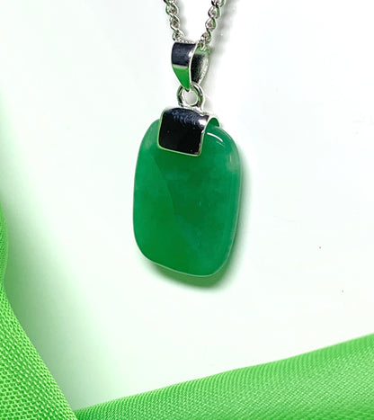 Real green jade pendant necklace cushion shaped sterling silver