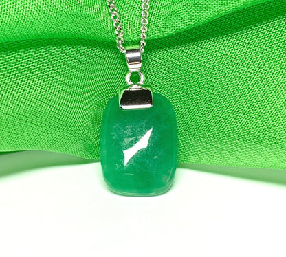 Real green jade pendant necklace cushion shaped sterling silver