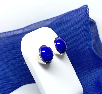 Sterling silver real lapis lazuli blue round stud earrings