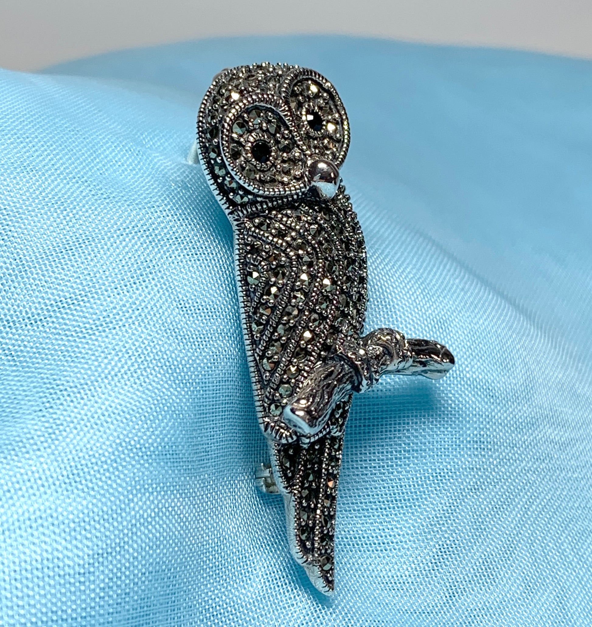 Sitting owl brooch marcasite sterling silver onyx eyes