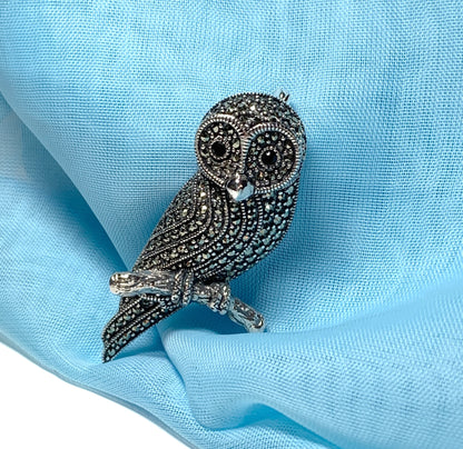 Sitting owl brooch marcasite sterling silver onyx eyes