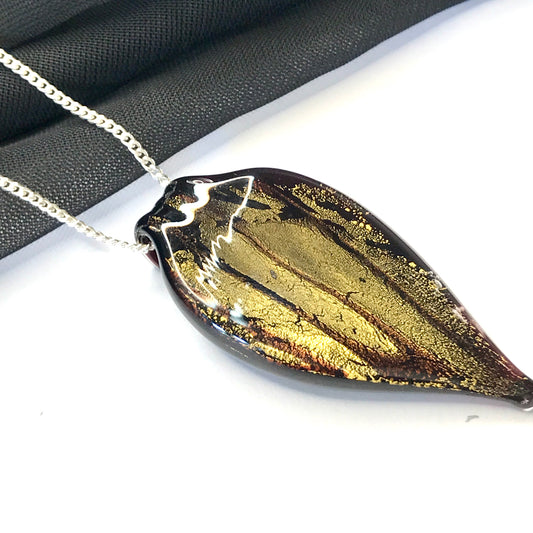 Small Black And Gold Coloured Real Murano Glass Leaf Pendant
