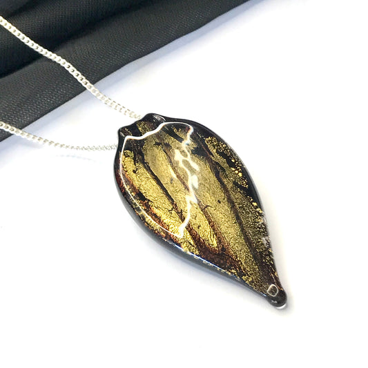 Small Black And Gold Coloured Real Murano Glass Leaf Pendant