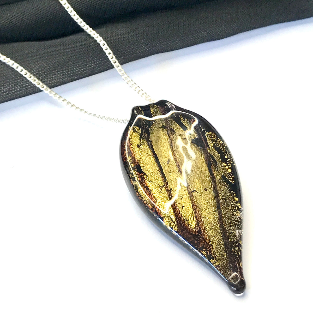 Small Black And Gold Coloured Real Murano Glass Leaf Shaped Pendant