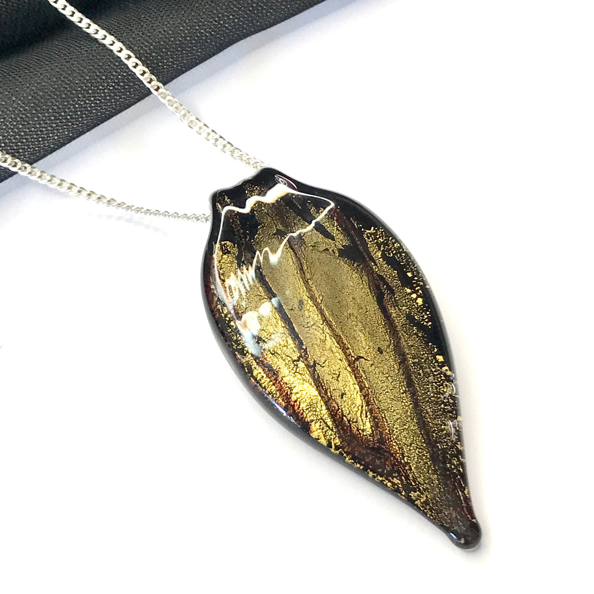 Small Black And Gold Coloured Real Murano Glass Leaf Pendant