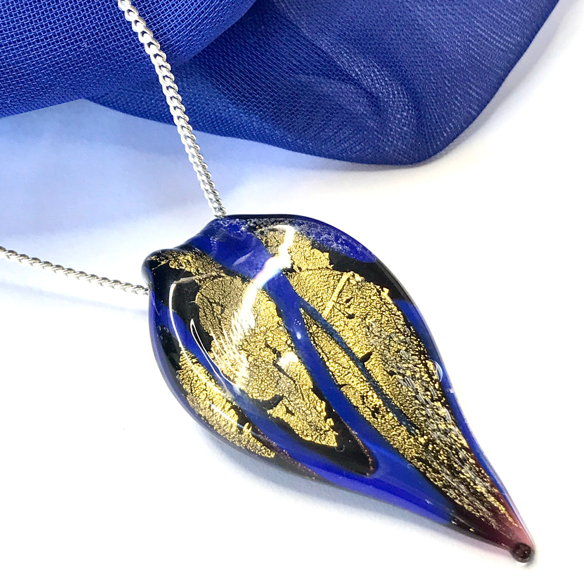 Small Blue And Gold Coloured Real Murano Glass Leaf Pendant