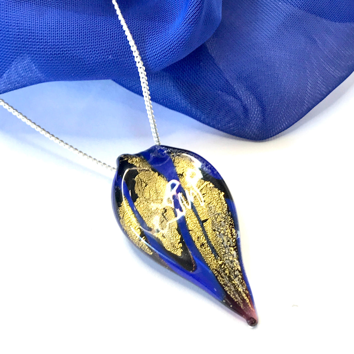 Small Blue And Gold Coloured Real Murano Glass Leaf Pendant