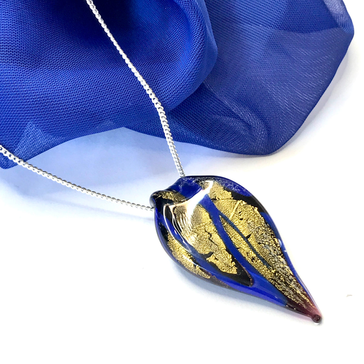 Small Blue And Gold Coloured Real Murano Glass Leaf Pendant