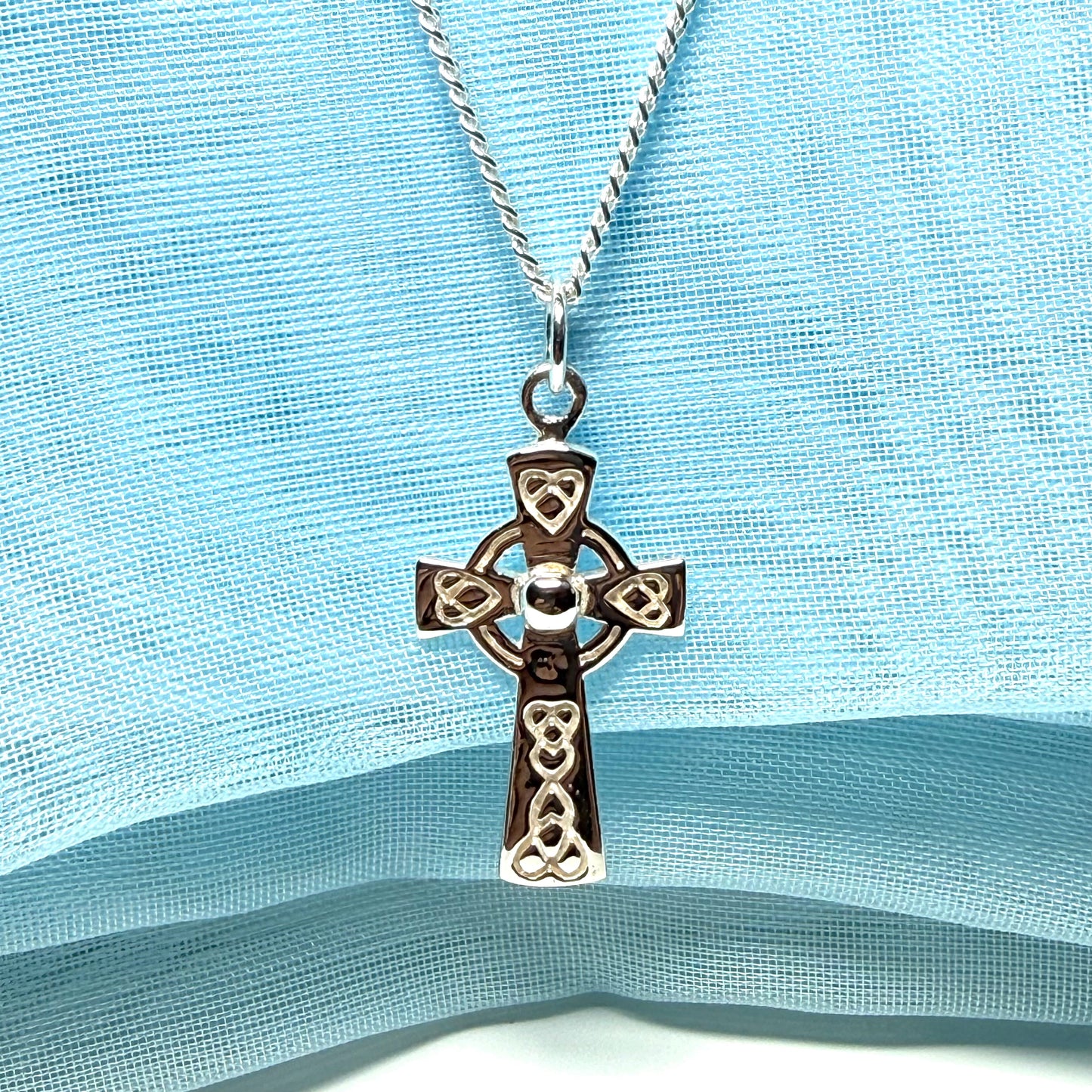 Small Patterned Sterling Silver Celtic Cross Including Chain