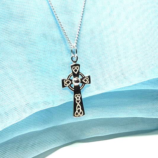 Small Patterned Sterling Silver Celtic Cross Including Chain