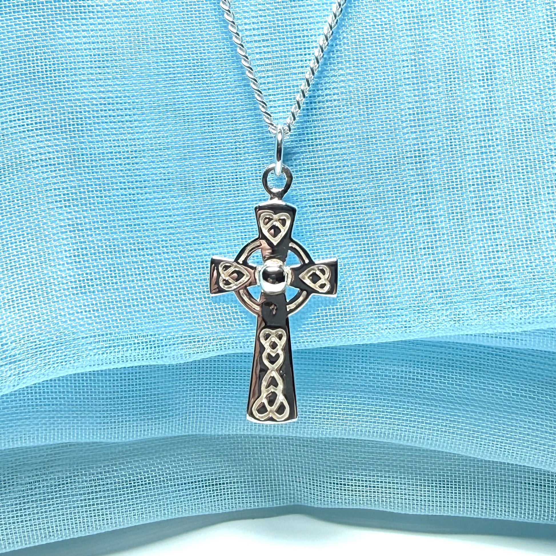 Small Patterned Sterling Silver Celtic Cross Including Chain