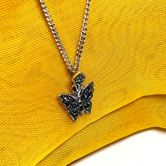Small Real Marcasite Sterling Silver Butterfly Necklace Pendant