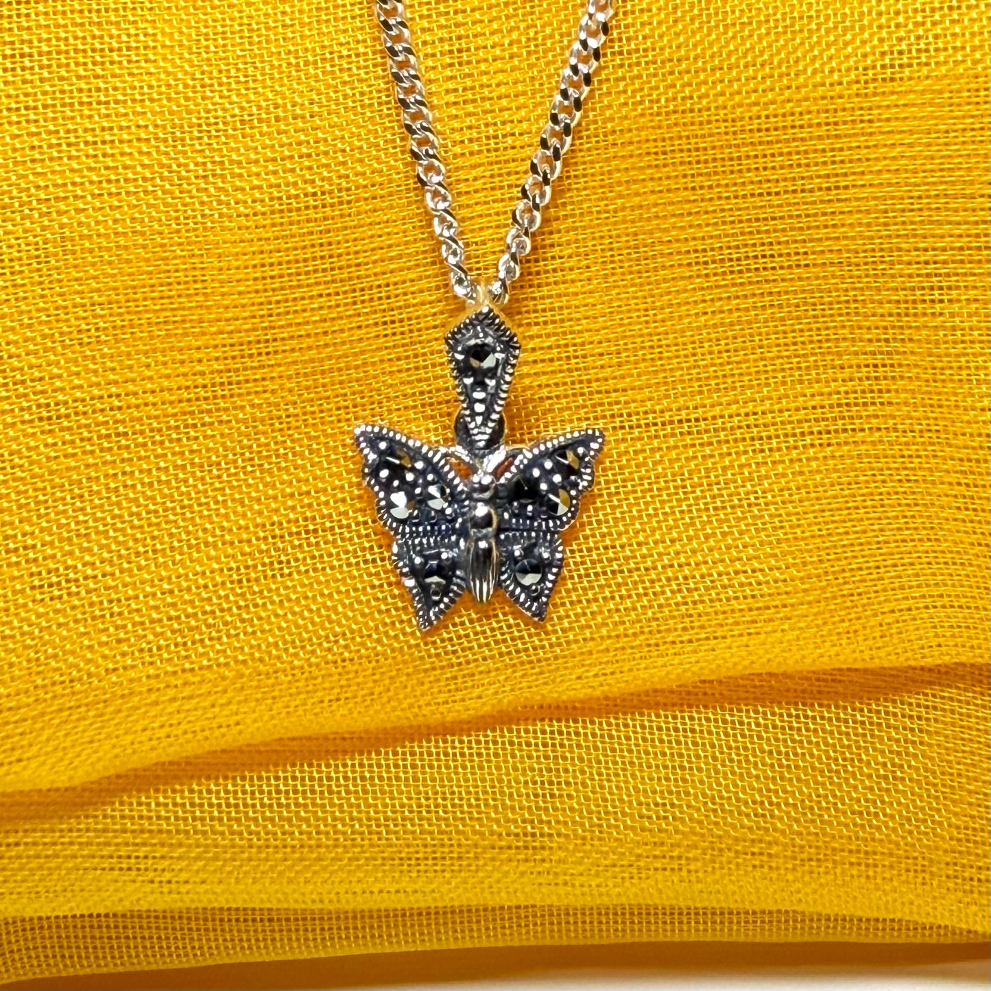 Small Real Marcasite Sterling Silver Butterfly Necklace Pendant with a chain