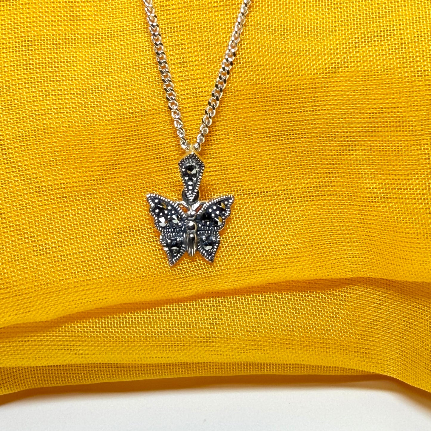 Small Real Marcasite Sterling Silver Butterfly Necklace Pendant with a chain