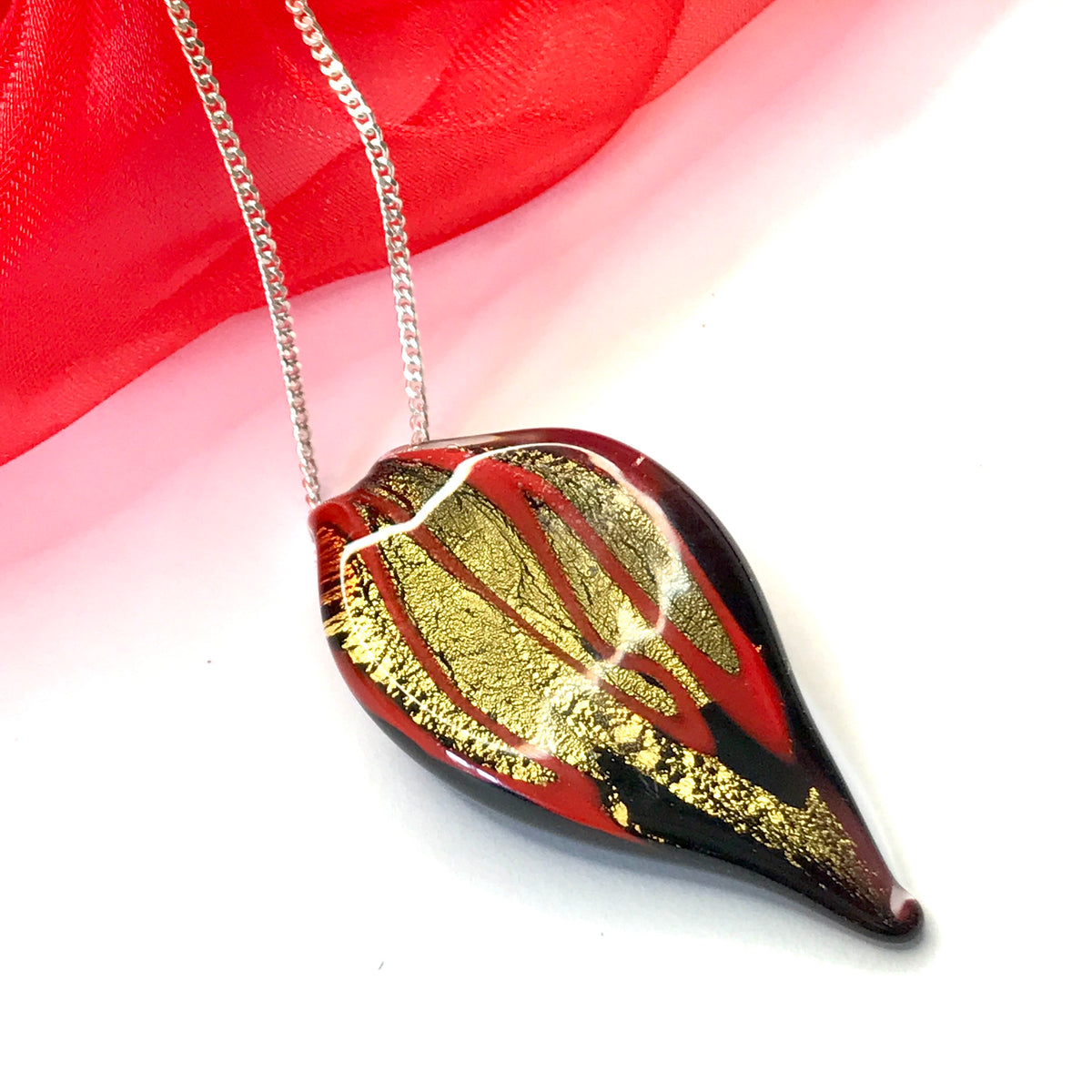 Small Red And Gold Coloured Real Murano Glass Leaf Pendant