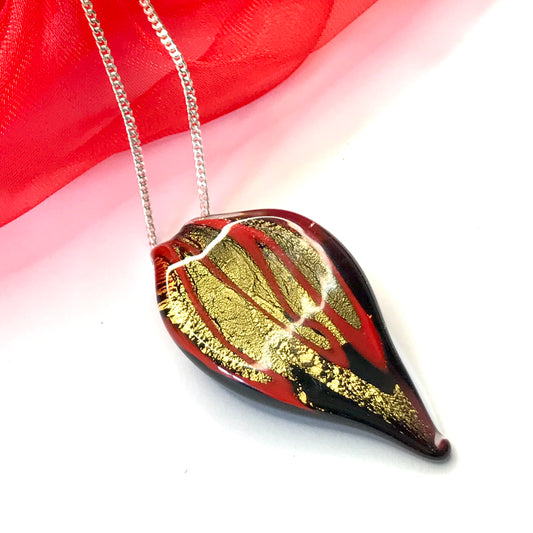 Small Red And Gold Coloured Real Murano Glass Leaf Pendant