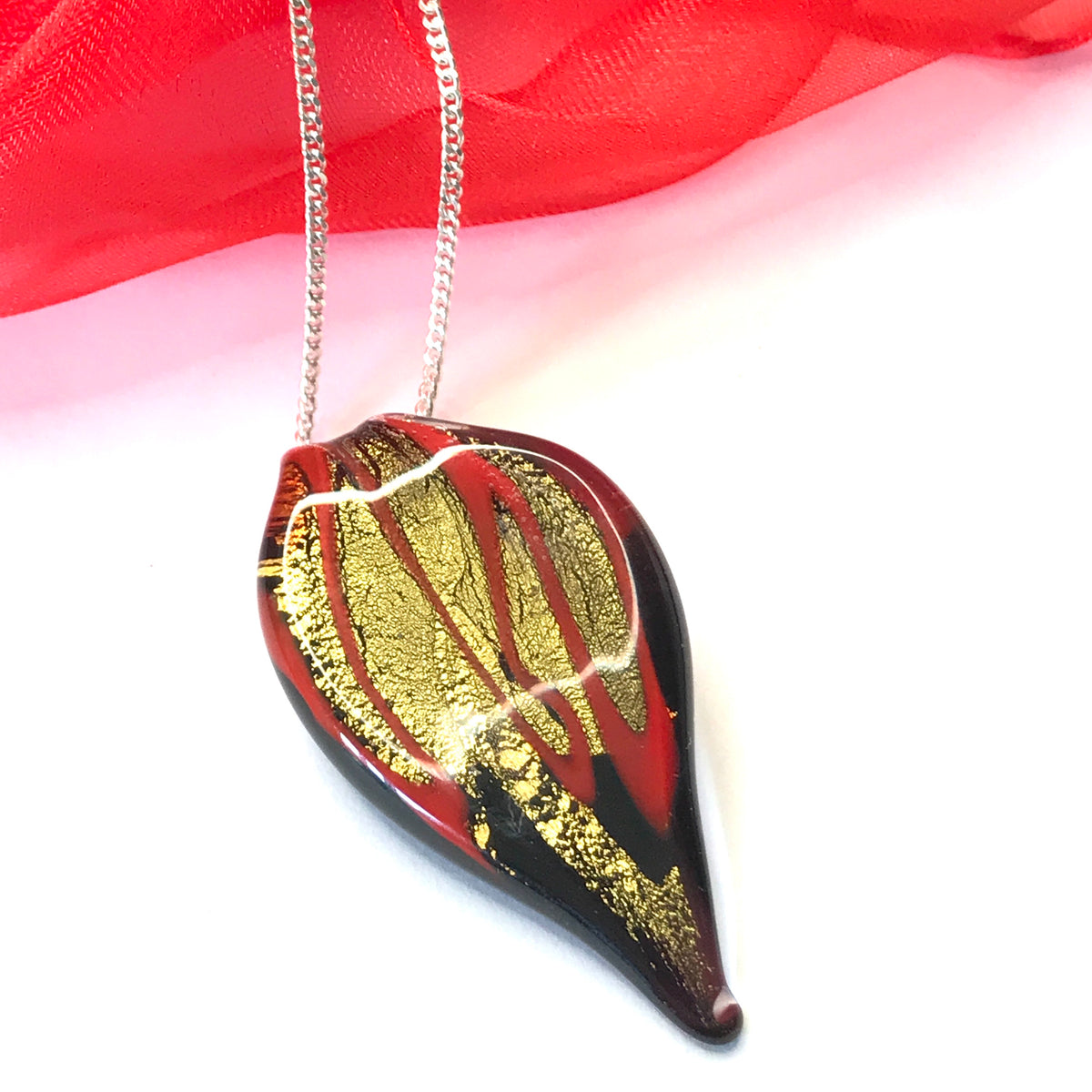 Small Red And Gold Coloured Real Murano Glass Leaf Pendant