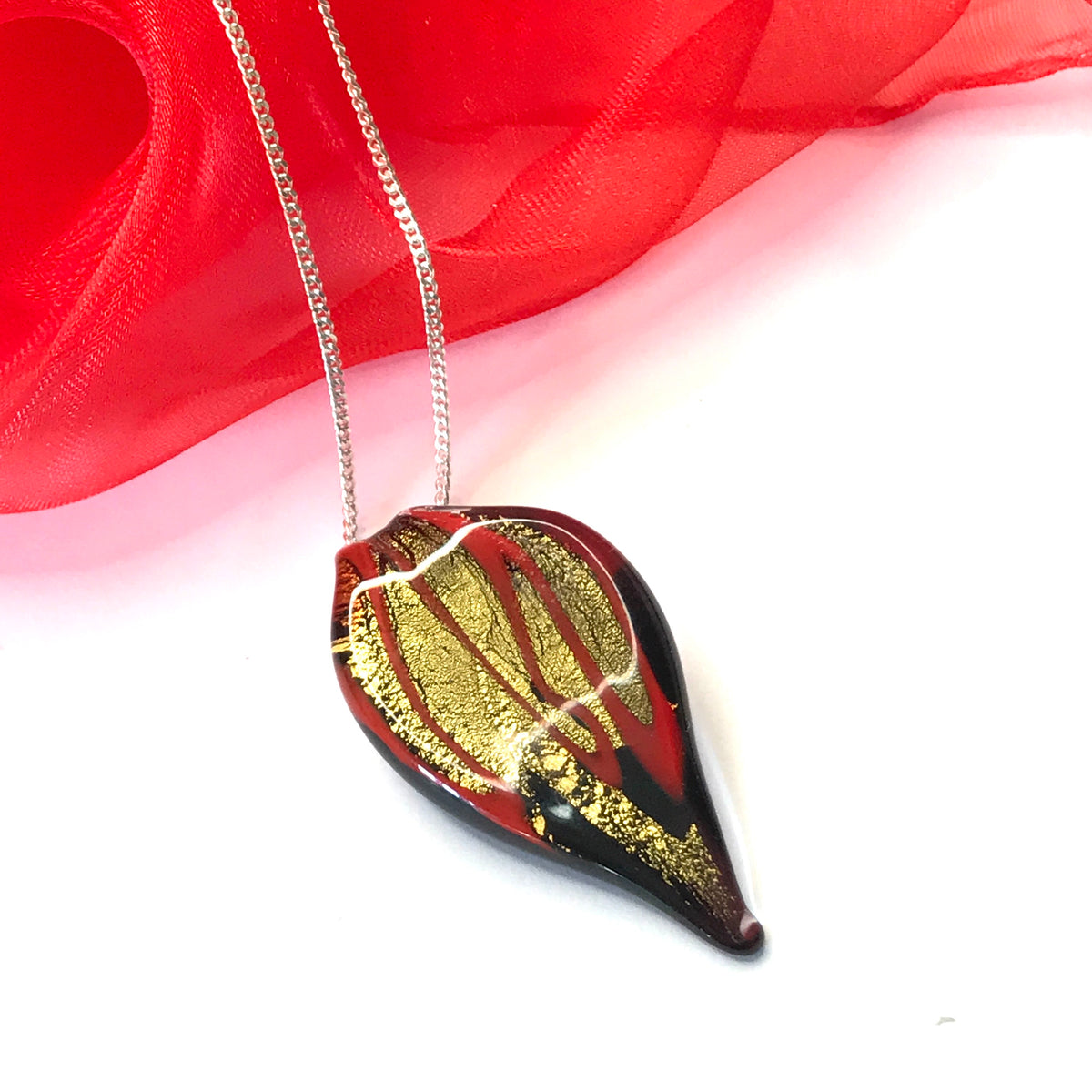 Small Red And Gold Coloured Real Murano Glass Leaf Shape Pendant