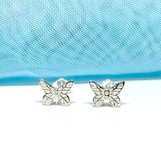 Small diamond set sterling silver butterfly shaped stud earrings