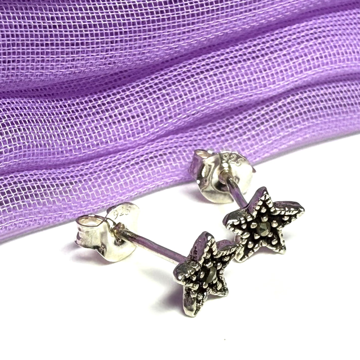 Small marcasite stud earrings star sterling silver