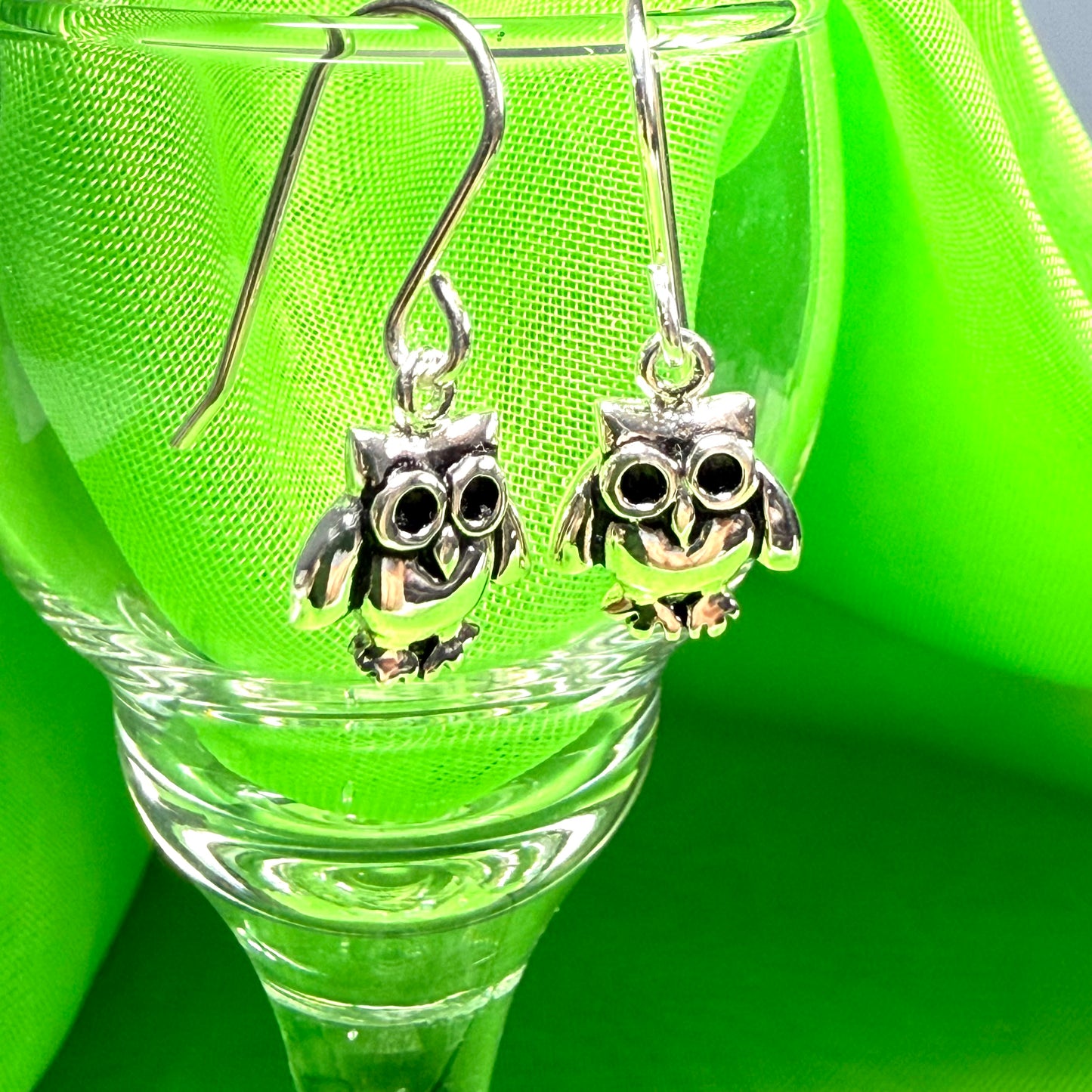 Small owl shaped drop earrings sterling silver