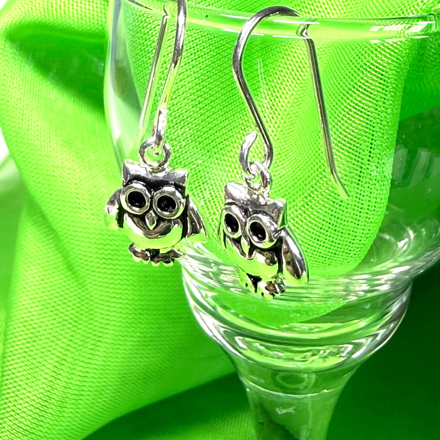 Small owl shaped drop earrings sterling silver