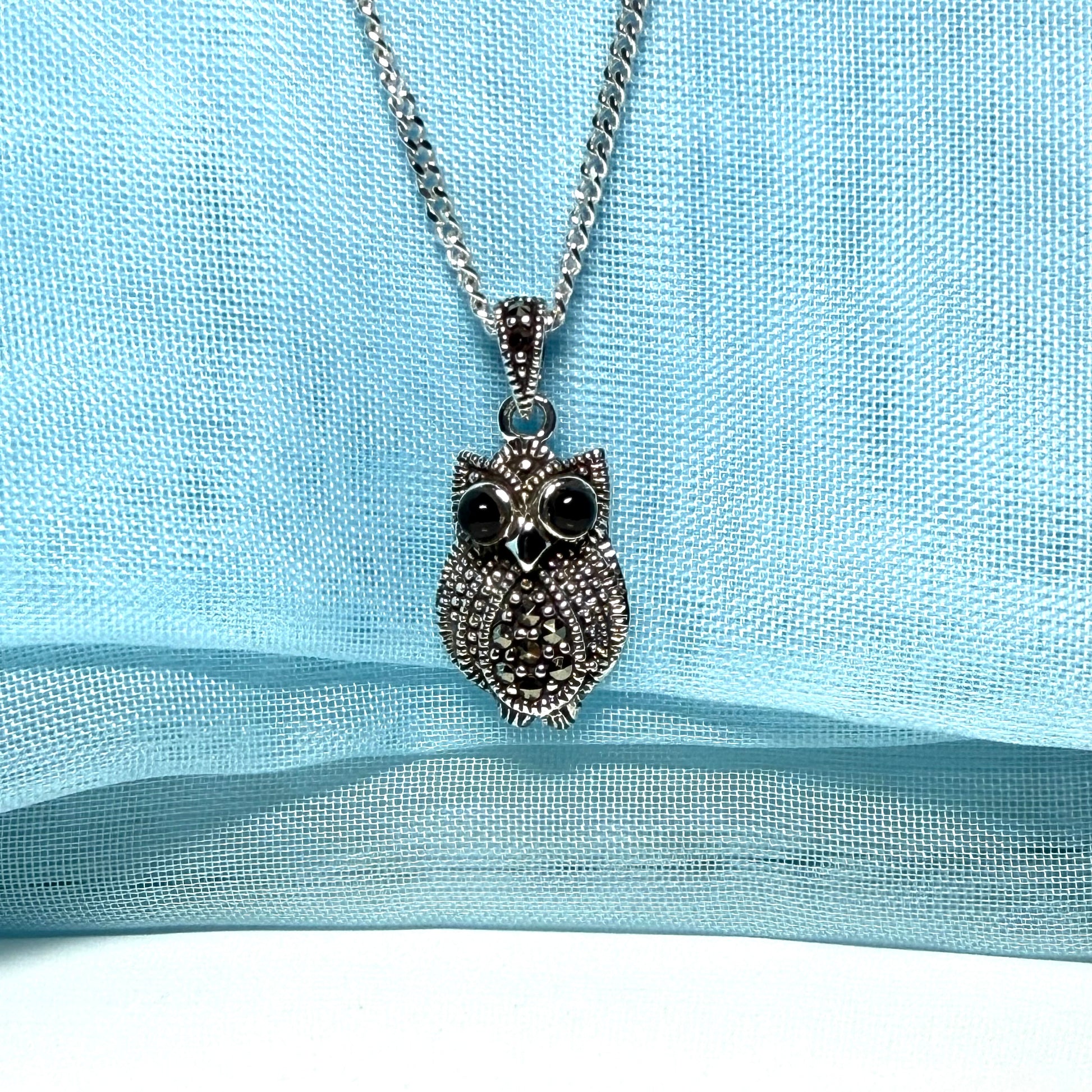 Small owl shaped necklace with real black agate and real marcasite sparking pendant