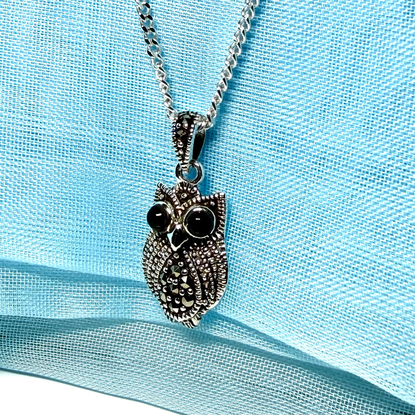 Small owl shaped necklace with real black agate and real marcasite sparking pendant with chain