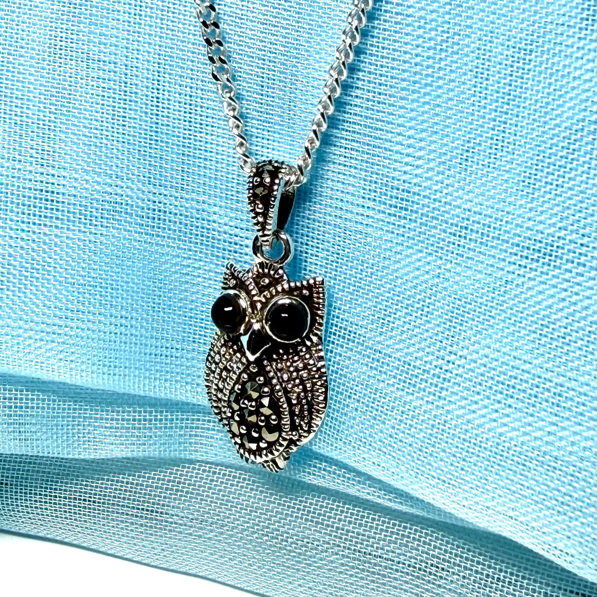 Small owl shaped necklace with real black agate and real marcasite sparking pendant with chain