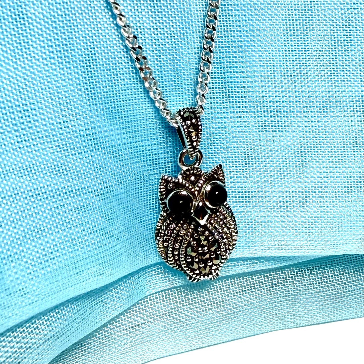 Small owl shaped necklace with real black agate and real marcasite sparking pendant